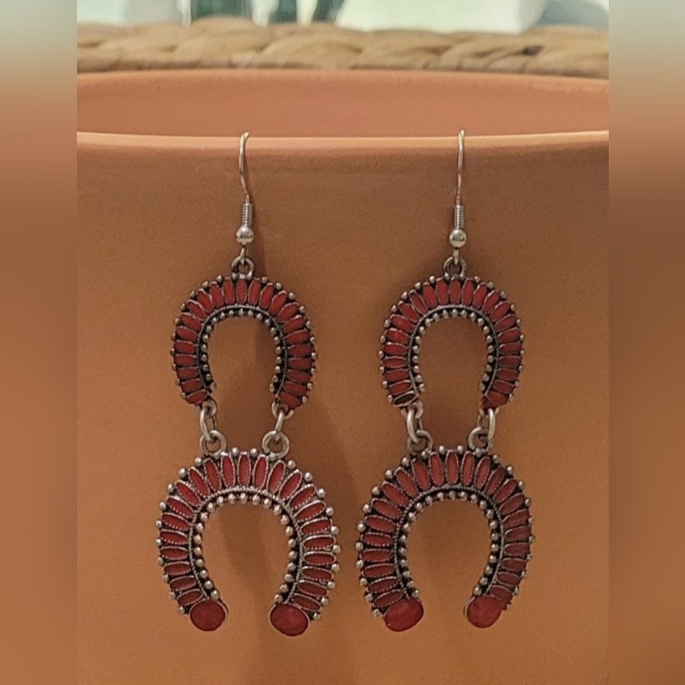 Western Red Squash Blossom Dangle Earrings New